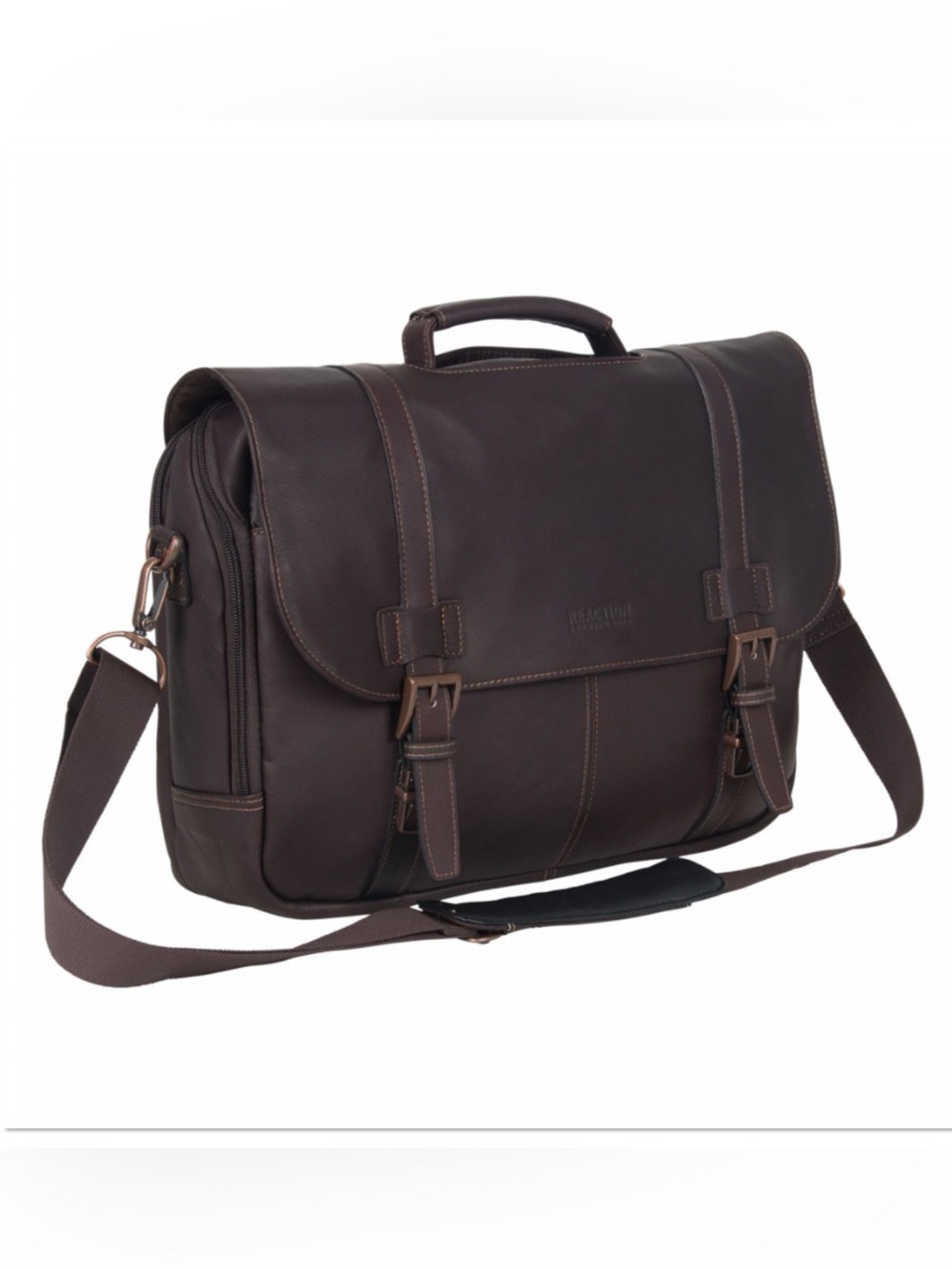 Kenneth Cole Reaction Leather Flapover Messenger Bag Brown